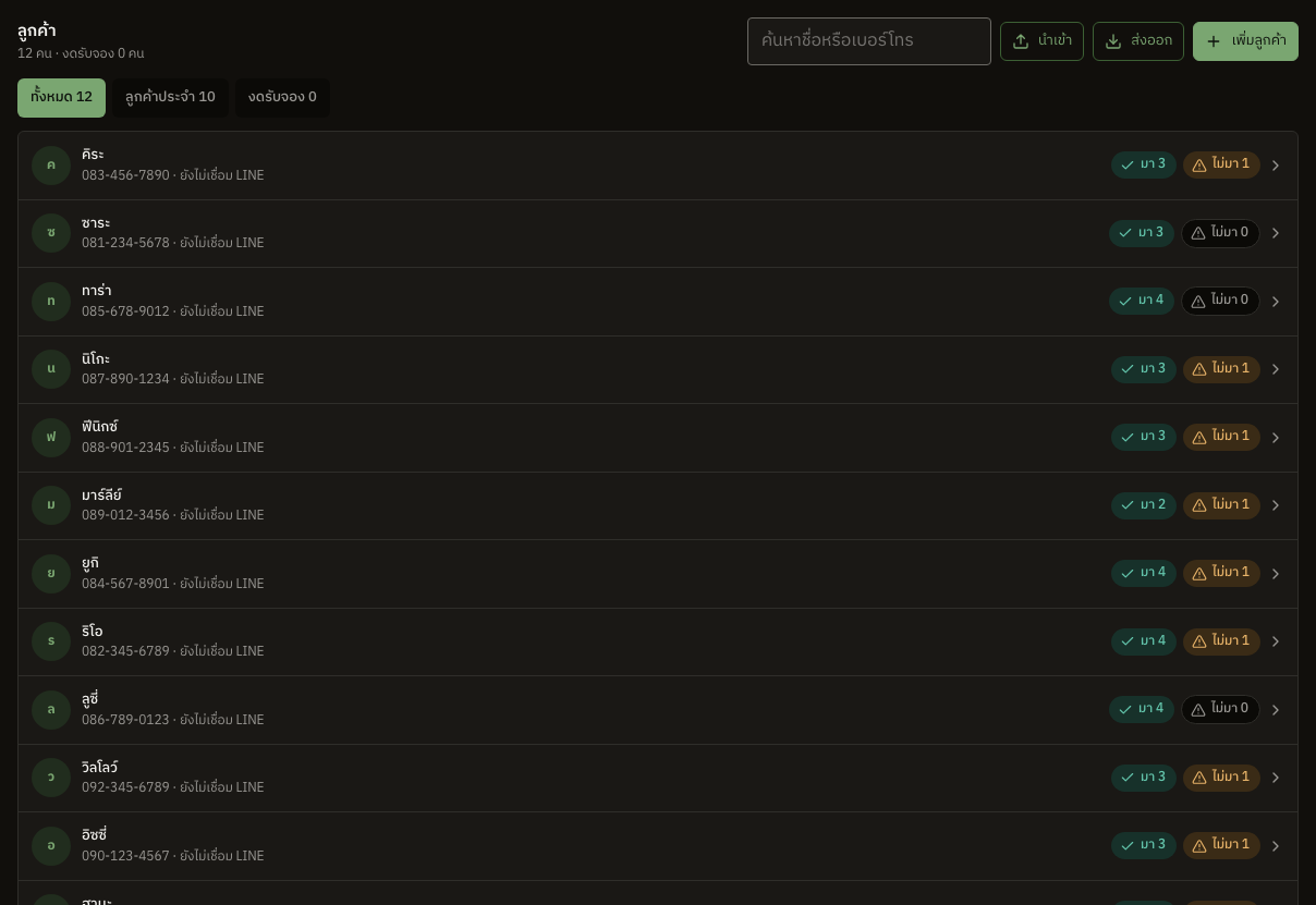 หน้ารายชื่อลูกค้าของ QueueD
